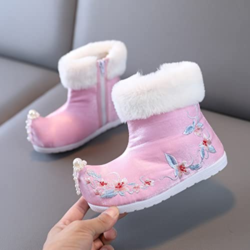 Girl Boots Toddler Gilrs Rubber Sole Warm Winter Snow Boots Embroidery Print Cloth Boots (Pink, 11-11.5 Years Big Kids)2