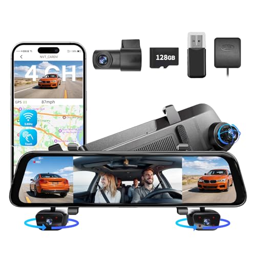 12' Rear View Mirror Camera,4 Channel Mirror Dash Cam Front and Rear Inside,Backup Camera for Cars,5.8GHz WiFi 360 Smart Rearview Camera,APP,GPS,Night Vision Backup Camera, Free 128GB SD Card
