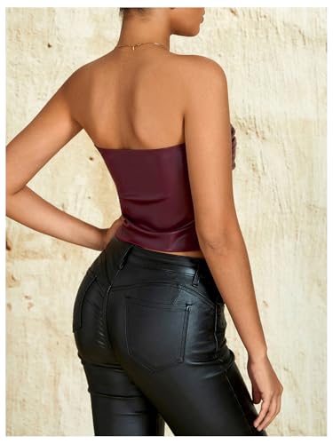 Milumia Women's Ruched Pu Leather Tube Top Strapless Split Hem Bandeaus Partywear4