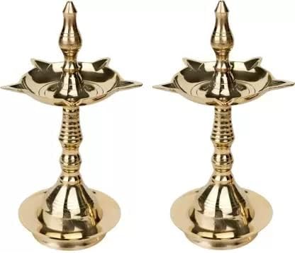 Fashion Bizz Kerla Fancy Brass Traditional (Pack of 2) 8 Inches Height Table Diya Set Oil Lamp for Home Temple Festival Gifts Puja Articles Decor
