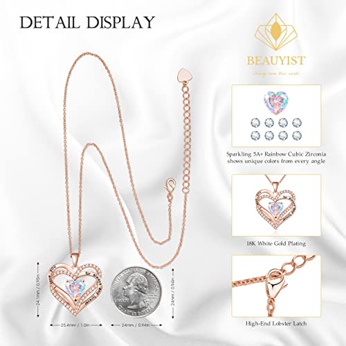 Beauyist Love Heart Birthstone Necklaces For Women & Girls, Engraved I Love You Pendant Necklace Zirconia Diamond, Anniversary Birthday Mother's Day Jewelry Gifts For Wife/Girlfriend/Mother/Her, 18K Rose Gold-Rainbow Ab Color #TOP1