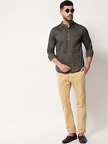 Image of Vastraa Fusion Men's Handloom Weaving Pure Cotton Short Kurta, Round Collar, Full Sleeves,Button Kurta, Ethnic Wear