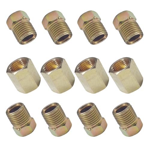12PCS 7/16"-24 Threads Brake Line Fittings Assortment - Brass Brake Line Inverted Flare Fittings Kit Include 4 Unions and 8 Nuts for 1/4 Inch Braking Line Tube (12PCS-1/4'')