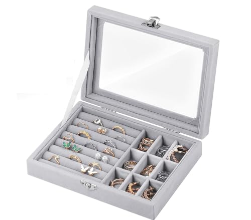 Image of BucketList Women's Velvet Glass Ring Earrings Jewelry Box - Display Storage Showcase Holder Organizer (Small 9 Grid 9 Rows-Grey)