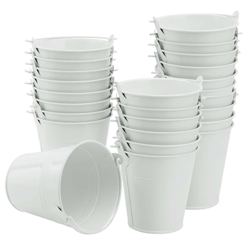 25 Pack 4 Inch White Iron Pail, Metal Buckets with Handle, Easter Bucket,Pencil Holder and Flower Pots, Used to Carry, Store, or Even Plant, by GENHAKON.