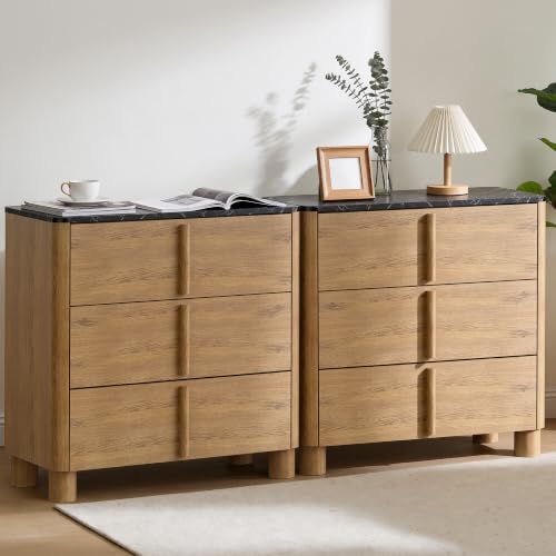 Image of 31.5 inch Wide 3 Drawer Dressers, Faux Marble & Wood Storage Cabinet, Modern Curved Accent Chest with Rounded Wood Handles for Bedroom, Living Room & Entryway, Walnut