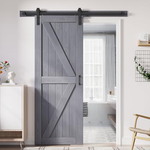 Image of FREDBECK 28in x 84in Grey Barn Door, Solid Wood,Double Surface,K-Frame,Gray