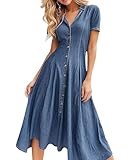 Sexyshine Women's Button Down Denim Shirt Dress Summer Short Sleeve Lapel V Neck Tunic A Line Swing Pleated Maxi Dress(27749BE,XL) Blue