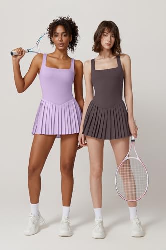 Image of QINSEN Womens Square Neck Tennis Dress Pleated Sleeveless Built in Shorts Golf Athletic Dress with Pockets