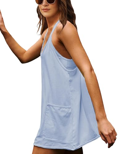 Image of Womens Athletic Sundress with Built-in Shorts Golf Tennis Romper | Sleeveless Mini Spaghetti Strap dress Functional side pockets tummy-friendly fit casual beach vacation