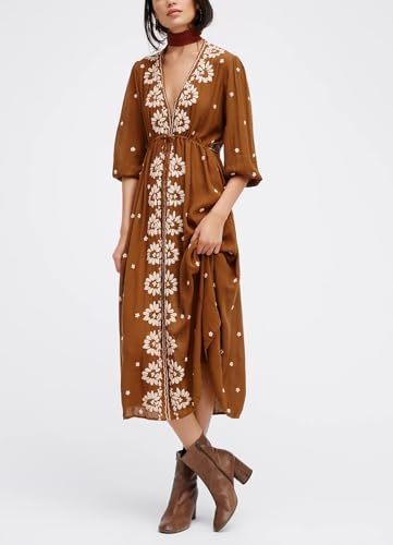 Women Boho Flowy Maxi Dress Floral Embroidered Puff Sleeve Long Dress Drawstring Deep V Neck Vacation Beach Sundress2