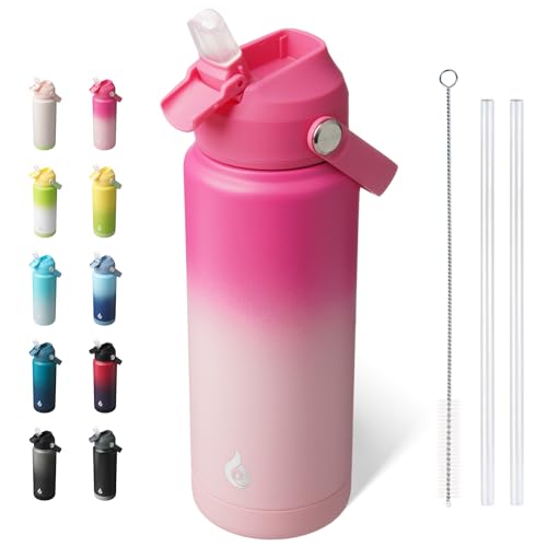 Image of BJPKPK Water Bottle with Straw Lid, 24oz Vacuum Insulated Water Bottles, Metal Stainless Steel Thermo for Sports, Travel, BPA Free Leak Proof Thermo, Cups, Flasks, Tumblers,Cherry