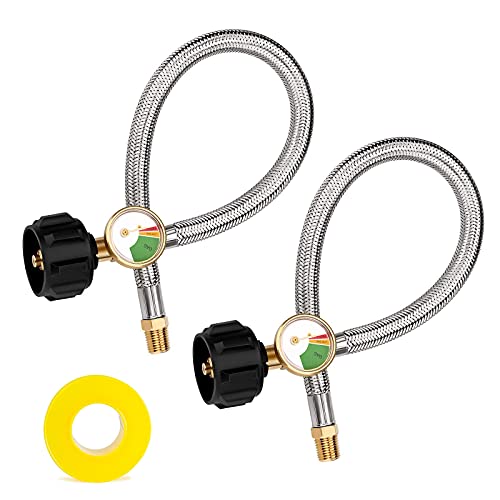 Startool 15 inch Stainless Braided RV Propane Hose with Gauge, QCC1 Type 1 Connection x 1 4 Inch Inverted Male Flare, 2 Pack, Include Thread Seal Tape