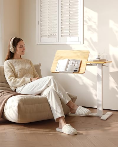 Image of FLEXISPOT Adjustable Height C-Shaped End Table with Single-Side Tilting Top, Mobile Side Table for Sofa & Bedside, Slides Under Furniture, Hidden Wheels for Small Spaces, 27.6 inch W x 15.7 inch D, Maple