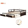 KLMM Extendable Daybed with Two Storage Drawers, Twin/King Size Foldable Daybed Solid Wood, Roll Out Trundle Accommodate Twin Size Mattresses (Espresso)