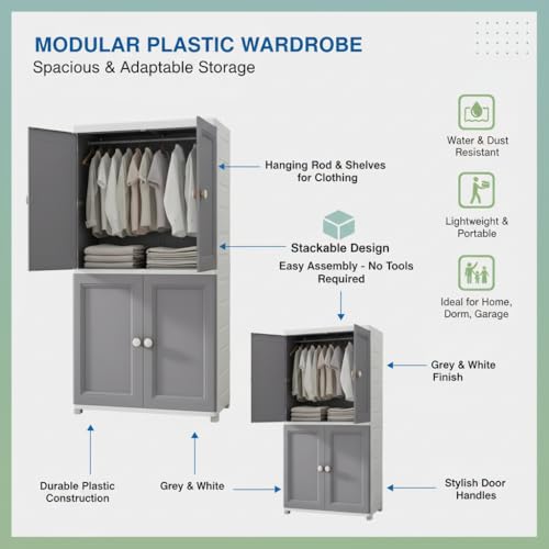 Image of EXVITO Plastic Wardrobe for Cloth with Drawers & Hanging Rod | Baby Cupboard for Clothes Storage | Foldable Collapsible Plastic Almirah for Kids | Cartoon Design Cabinet for Bedroom (Grey, 4 Door)