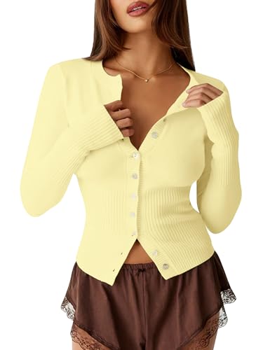 Image of Womens Open Front Button Up Cropped Cardigan Ribbed Knit Long Sleeve Shirt Casual Solid Crop Top Cardigan Sweater
