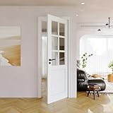 28' x 80' Clear Glass Slab Door, 6-Lite Glass French Interior Door, Pre-Finished Paintable Single Panel for Living Room Pantry Laundry Closet as Prehung, Pocket, Bifold Barn Doors-Shaker w/o Hardware