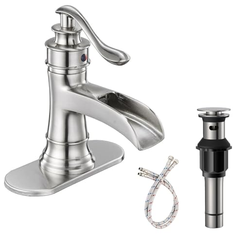 Bathfinesse Waterfall Bathroom Faucet Bathroom Sink Faucet Farmhouse Single Handle 1 Hole with Pop Up Drain Assembly Vanity Water Supply Hose, Brushed Nickel