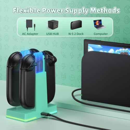 Image of FASTSNAIL Switch 2 Controller Charger Dock for Nintendo Switch 2 for JoyCon | 4-in-1 Fast Switch 2 Joypad Charging Dock Station, 9 RGB Light, Dual-Direction Magnetic Stand for Joycon 2 Accessories, Green