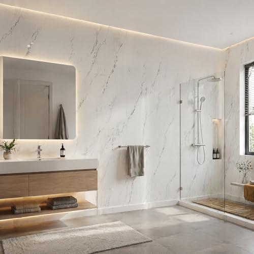 Camiraft Bathroom Wallpaper Waterproof 2.3mm Thick White Marble Self Adhesive Wallpaper 3mx40cm Thermal Insulated Waterproof Damp-Proof Wall Covering for Bad Cold Walls (1 Rolls=1.2m)