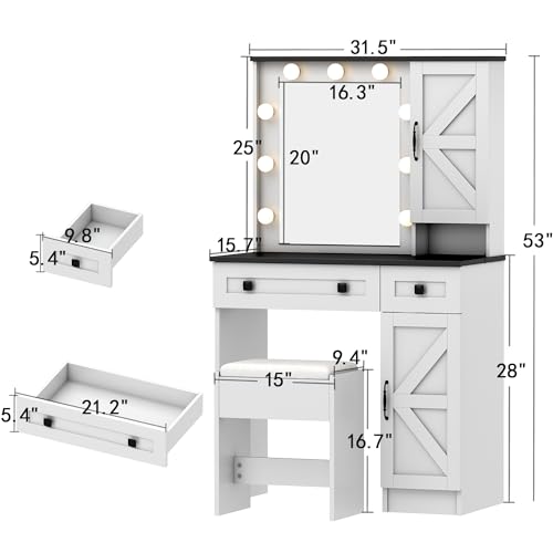 31.5\" Makeup Vanity Desk with Mirror and Light, Farmhouse Vanity with 2 Drawer&Power Outlet, 3 Color Lighting Modes, Bedroom Vanity Desk for Girls, Women