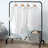 Vivo Technologies Metal Rail Stand with Hanging Rail and Storage Shelf, Clothes Rack for Bedroom, Black