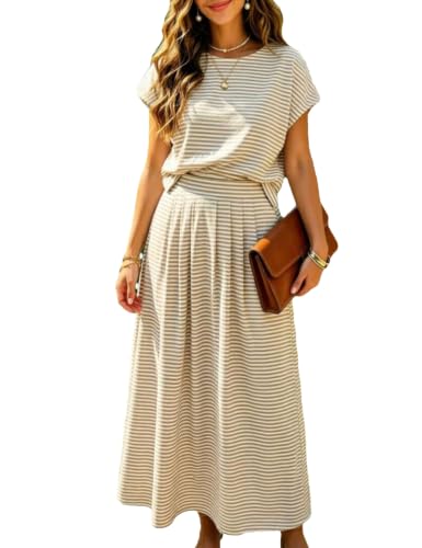 Image of Zontroldy Women's Summer 2 Piece Outfits Striped Skirt Sets Cap Sleeve Crop Top Midi Dress Matching Travel Outfits