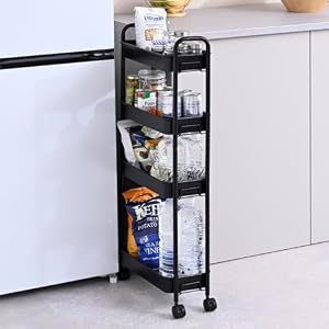 山善(YAMAZEN) キッチンワゴン キャスター付き 4段 スリム キッチン 収納 耐荷重28kg 幅43×奥行18.5×高さ95cm 隙間収納 ワゴン 組立かんたん マットブラック LBW-4FS(MBK)
