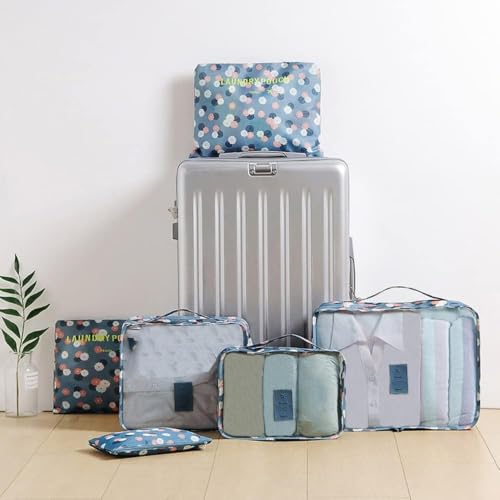 Image of Travel Organizer Pouch Set of 6, Space Saver Packing Cubes for Suitcase, Clothes, Underwear, Socks and Shoes (BLUE FLOWER)