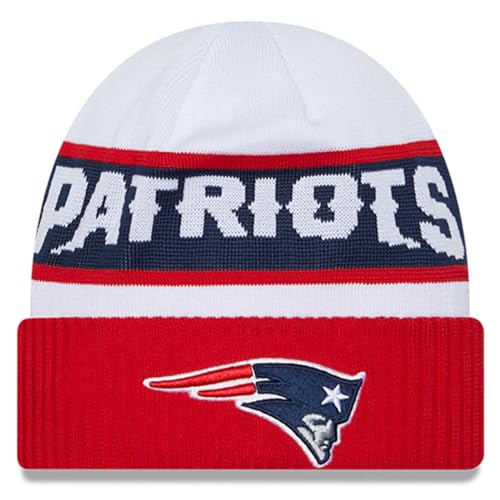 New Era Unisex-Adult NFL Official Team Color Primary Logo Cold Weather Sideline Tech Cuffed Knit Beanie Hat - New England Patriots Red