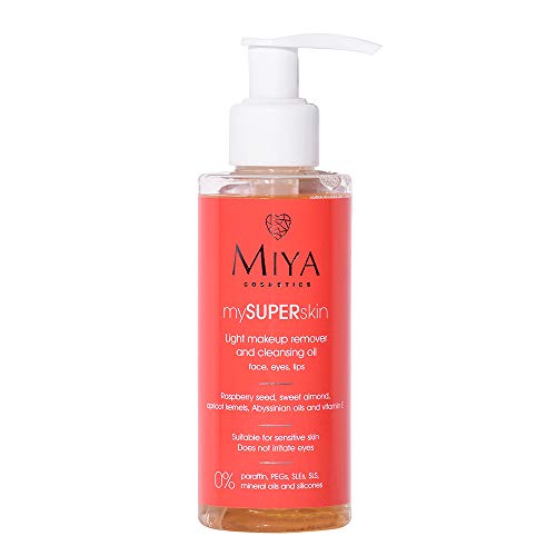Miya Cosmetics Light - Aceite desmaquillante para lavado facial, 140 ml, contiene semillas de frambuesa y aceite de almendras dulces, vitamina E, eficaz y delicado, no irrita los ojos, para todo tipo