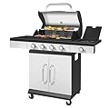 ?4-Burner Propane Gas BBQ Grill, Stainless Steel BBQ Grill, 46800 BTU Output Propane Gas Grill with Side Tables and Wheel Casters for Outdoor Cooking, Patio, Garden - Black and Silver