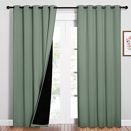 NICETOWN 100% Blackout Window Curtain Panels, Cold and Full Light Blocking Drapes with Black Liner for Nursery, 84 inches Drop Thermal Insulated Draperies (Greyish Green, 2 PCs, 62" Wide Each Panel)