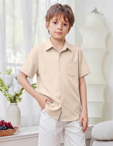 Image of Arshiner Boys Short Sleeve Dress Shirts Solid Button Down Shirts | formal Uniform School Shirt, for 4-12 Years, Hidden Buttons, with Chest Pocket, Regular Fit, Summer Tee top for Kids