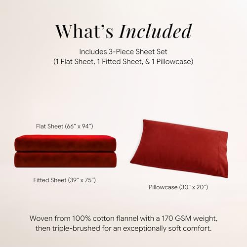 Image of Tribeca Living Triple Brushed Soft Cotton Flannel Sheets Set, Twin Size 170-GSM Weight Extra Deep Pocket Sheet in Solid Deep Red Color
