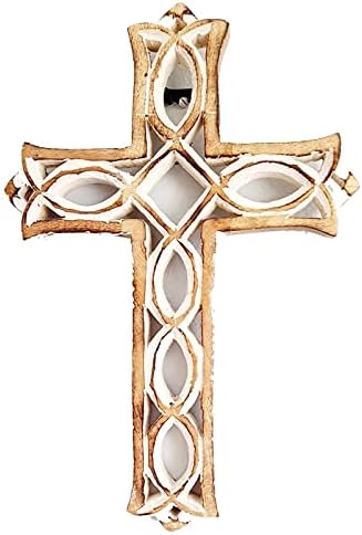 Wooden Wall Cross Plaque with Hand Carvings Religious Altar Home Living Room Decor | 12 x 8 inch