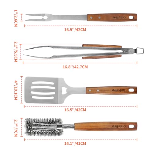 onlyfire Grillbesteck Set 4-TLG, Grill Zubehör Set Enthält Grillzange, Grillwender, Fleischgabel und Grillbürste mit Extra-Langen Holzgriffen & Aufhänge-Ösen, Grillzubehör aus Edelstahl & Akazienholz