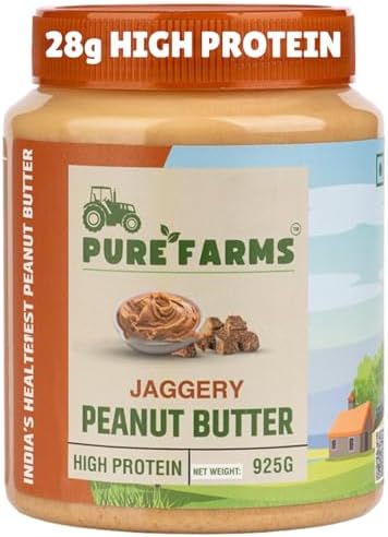 PURE FARMS Organic Jaggery Peanut Butter 925g | Naturally Sweetened, No Refined Sugar | 28g High Protein Peanut Butter | 92% Peanuts Family Pack