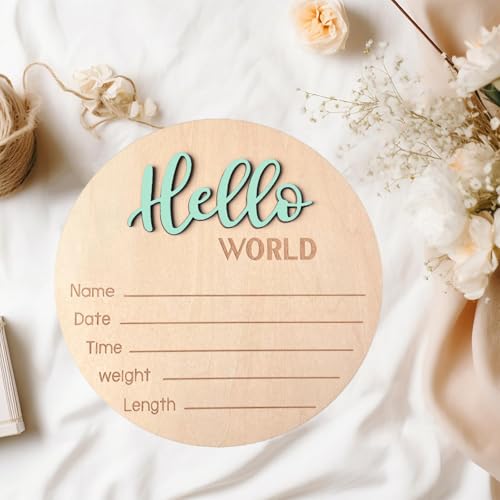 Image of Baby Announcement Sign, 5.9 Inch Wooden Hello World Newborn Signs, Birth Announcement Sign, Baby Shower Hospital Nursery for Newborn Boys and Girls (Spark Green)