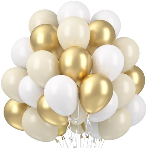 Kit Guirlande Ballon Blanc Doré et Beige, 60 Pièces - Mariage, Anniversaire, Baby Shower et Fiançailles - Ballons Latex Blanc et Or
