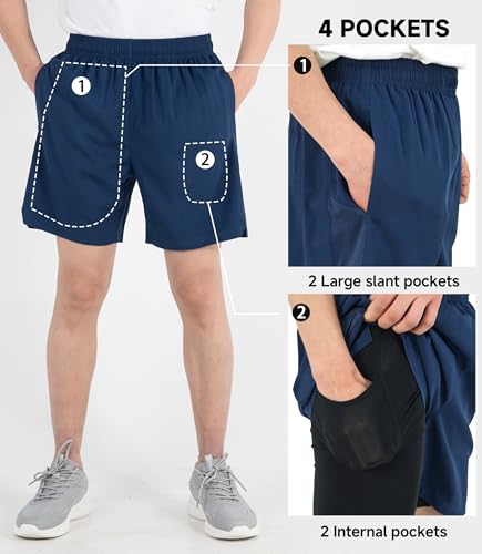 TLAENSON Boys Athletic Shorts with Compression Liner, Kids 2 in 1 Quick Dry Basketball Running Shorts with Pockets4