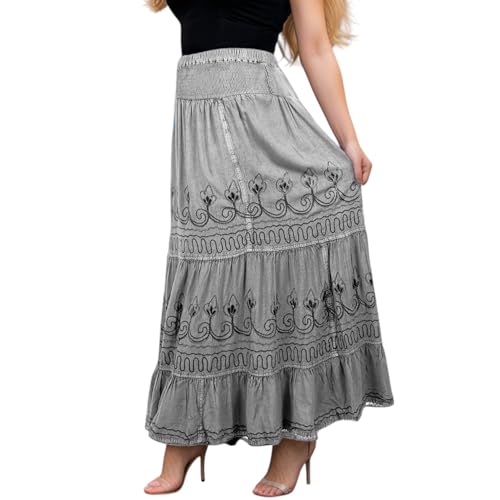 Agan Traders Women's 2025 Summer Peasant High Elastic Waistband Flared Gypsy Long Embroidered Maxi Skirt