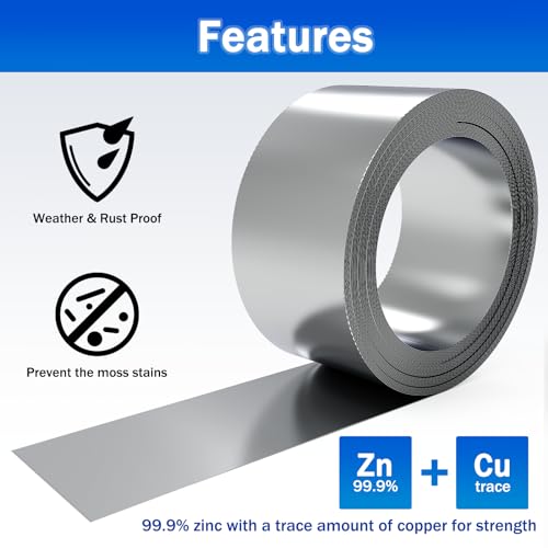 Fixirons Zinc Metal Strip for Roof Moss Zinc Roofing Roll, 55 Feet x 2.5 Inches Metal Flashing Prevent Moss Roofing Stains, Silver