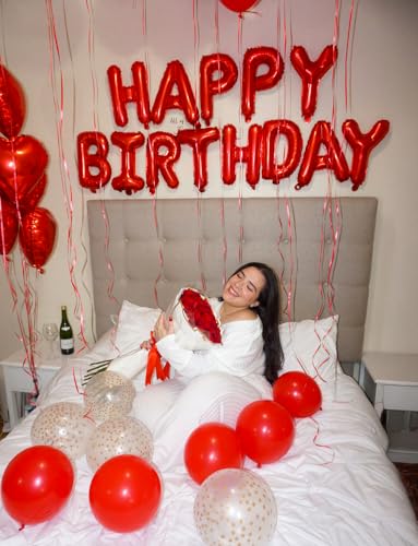 Image of Red Happy Birthday Balloon Banner, 16 Inch Red Happy Birthday Foil Balloons, Foil Letter Balloon Sign for Men Women Boys Girls Hbd Party Decorations, Photo Booth Backdrop