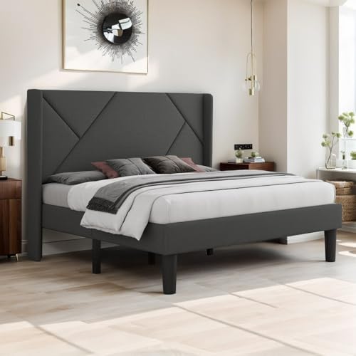 Image of Wooden Modern Upholstered King Size Bed for Bedroom | Wooden Double Bed Without Storage | Platform Cot Upholstered Bed with Upholstery Fabric | Engineered Wood | 6.5 x 6 Ft | Grey Silas