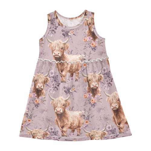 ALAZA Cute Highland Cow Flower Girls Dress Sleeveless Dresses Toddler Casual Dress Summer Sundress 2-8 Years