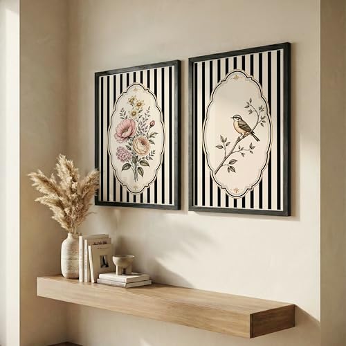 Image of NoWorries Vintage Floral & Bird Wall Art Set of 2 Framed Prints for Living Room Bedroom Office | Black Stripe Botanical Wall Decor with Wooden Frame (Art-10, 25x37inch)