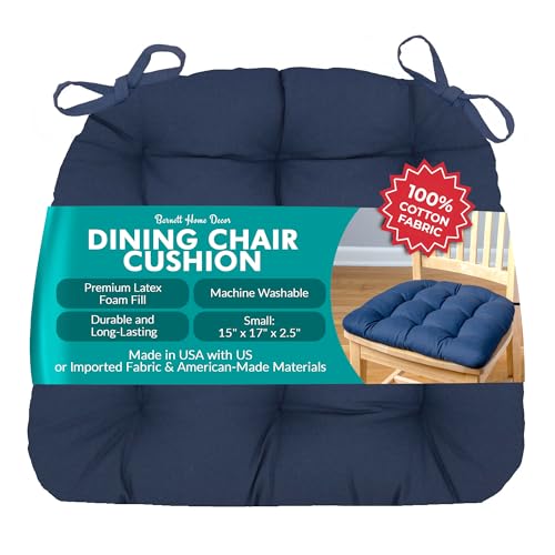Barnett Home Decor Cotton Duck Navy Blue Dining Chair Pad with Ties - 15 x 17 Size Small Chair Cushion - Latex Foam Fill - Machine Washable, Reversible, Solid Color, 100% Cotton, Made in USA