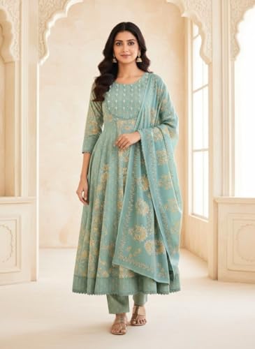 Image of Pure Cotton Anarkali Kurta Set for Women with Dupatta | 3 Piece Cotton Anarkali Suit | Floral Aari Work | Flared Ethnic Wear